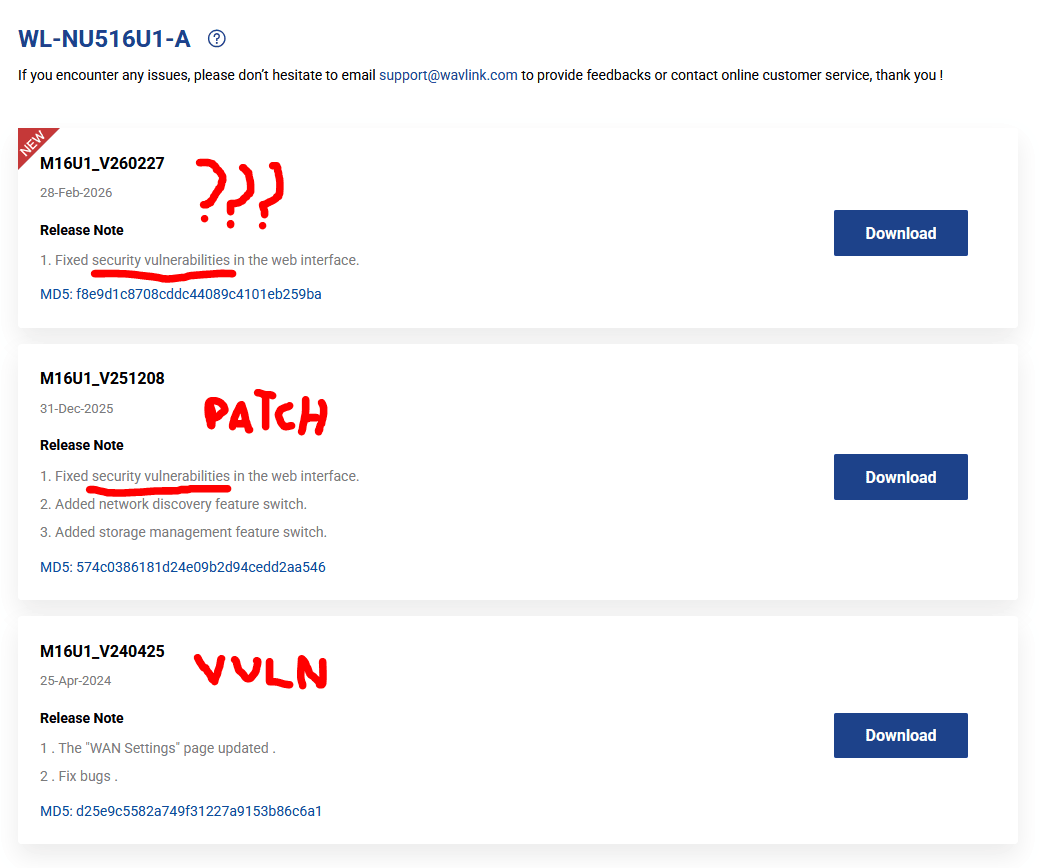 Firmware download versions for Wavlink NU516U1 showing vulnerable and patched releases