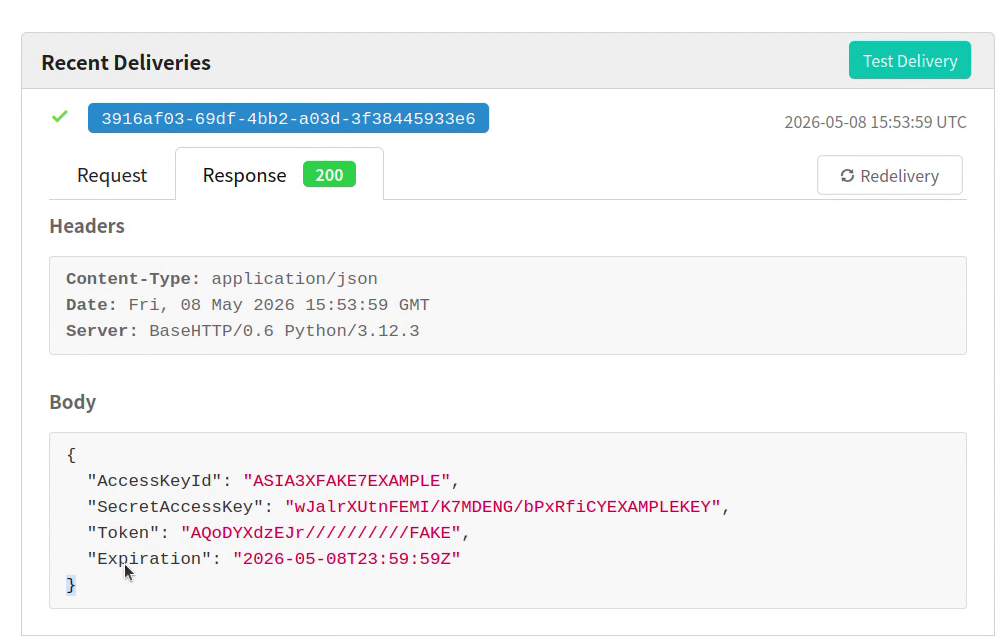 The Gogs webhook delivery history rendering the internal response body returned through the redirect