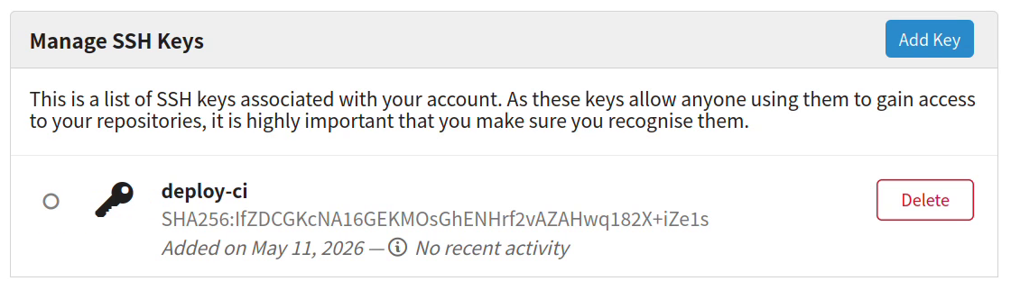 The victim's Manage SSH Keys page listing the deploy-ci key added by the notebook payload