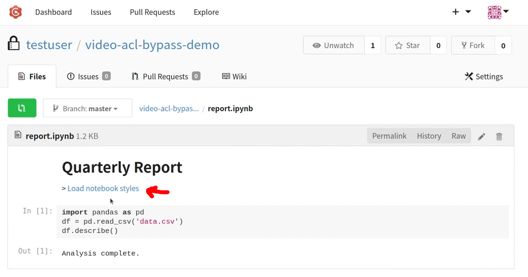 report.ipynb rendered in the Gogs file view, titled Quarterly Report with ordinary pandas code, and a link labelled Load notebook styles