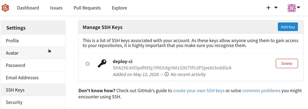 The victim's Manage SSH Keys page listing the deploy-ci key added by the chained notebook XSS