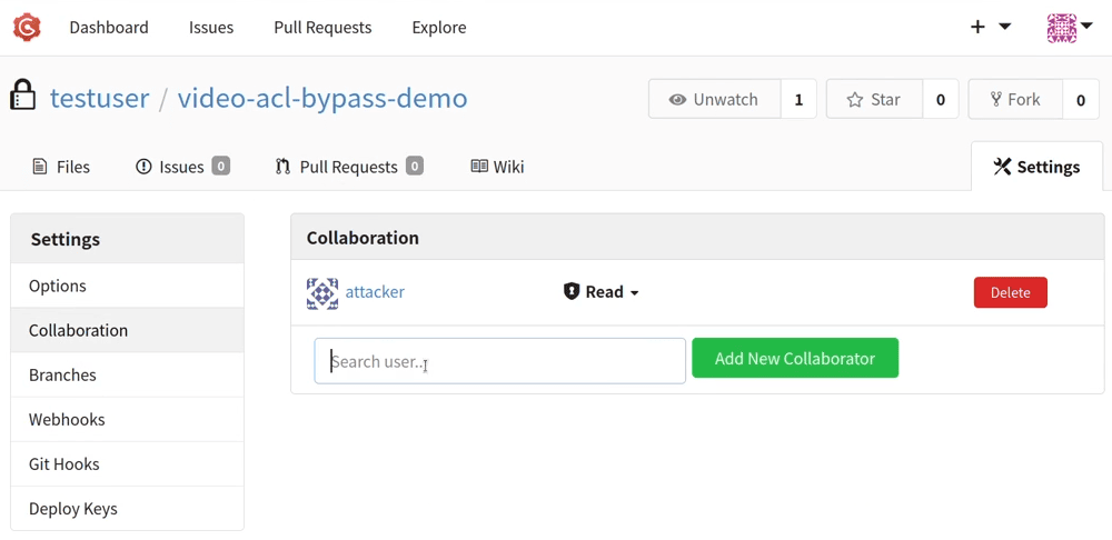 The Gogs collaboration settings page showing the attacker account holding only Read permission on the target repository