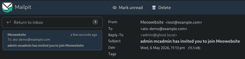 The Administrator invite email arriving in the attacker-controlled inbox