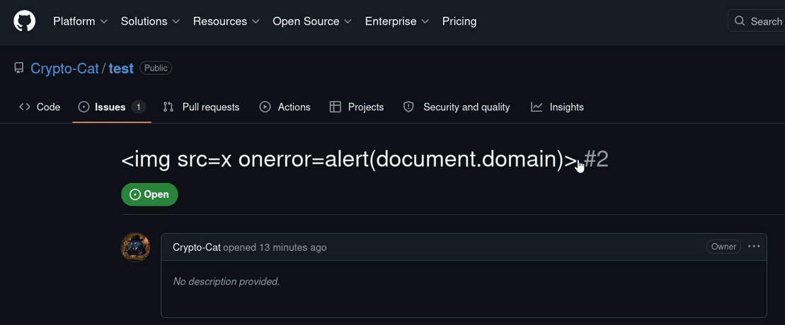 Adding Github Issue with XSS payload in the title