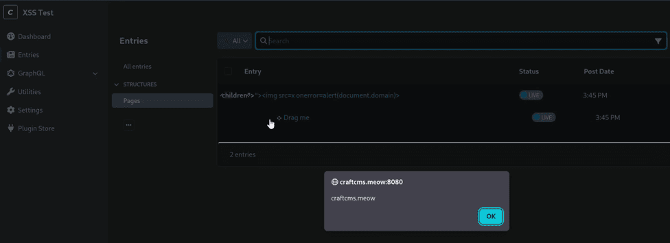 alert(document.domain) firing in the admin's CP session after dropping an entry under the poisoned node in table view