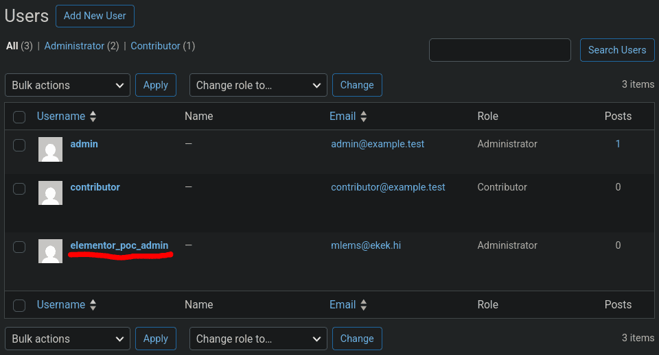 Admin users page showing the newly-created administrator account in the test environment
