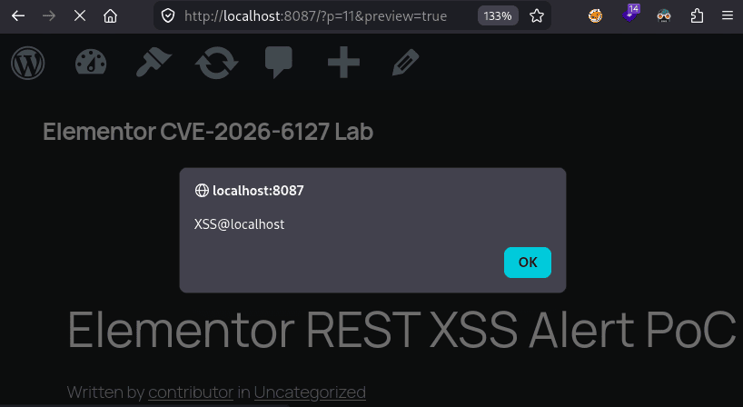 Alert box firing from the Elementor HTML widget payload