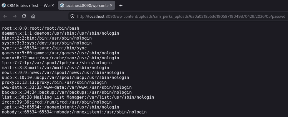 Browser showing the copied /etc/passwd served as plain text from the plugin's crm_perks_uploads directory on an unauthenticated WordPress site