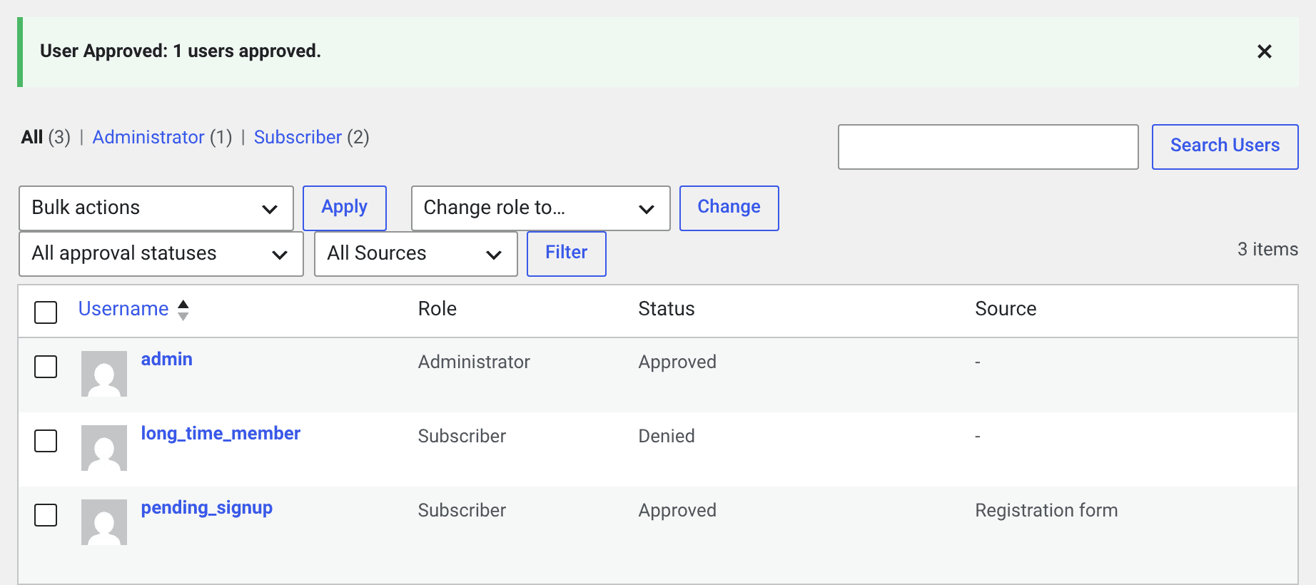 WordPress Users screen after two forged requests, showing the User Approved notice, long_time_member as Denied and pending_signup as Approved