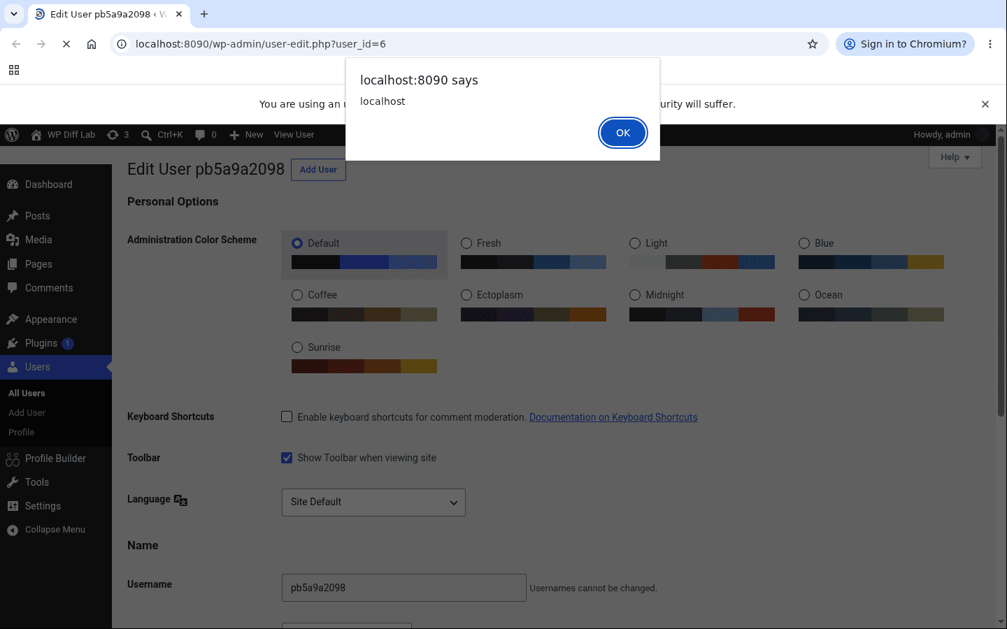 alert(document.domain) firing on the Edit User page in the administrator session