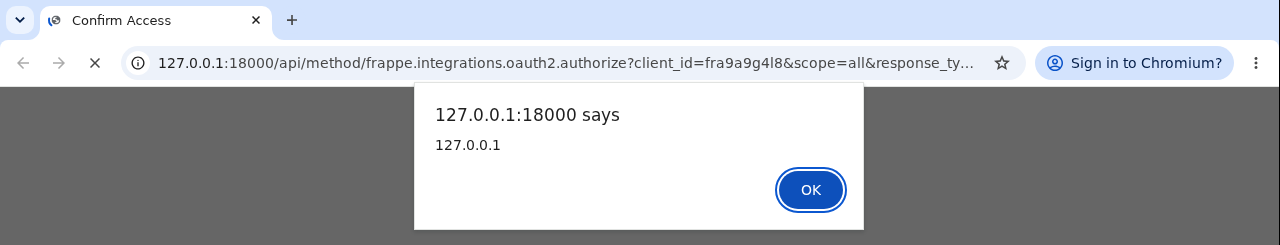 Chromium alert showing the Frappe origin on the Confirm Access tab, fired by the alert(document.domain) payload stored in the OAuth client name