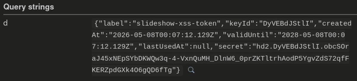 The attacker webhook showing the captured one-time API token exfiltrated from the victim's session