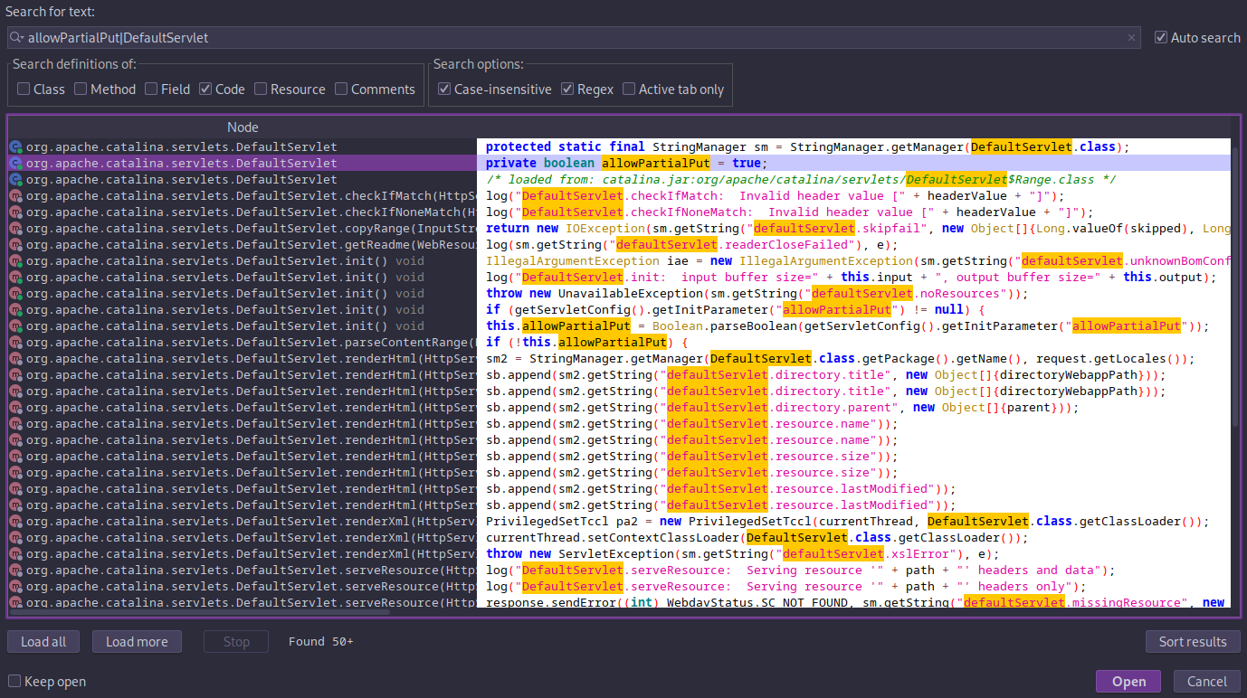 JADX search results locating DefaultServlet and allowPartialPut logic inside catalina.jar