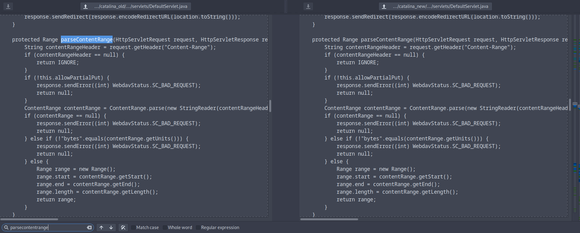 Meld view showing parseContentRange unchanged between Tomcat 9.0.98 and 9.0.99