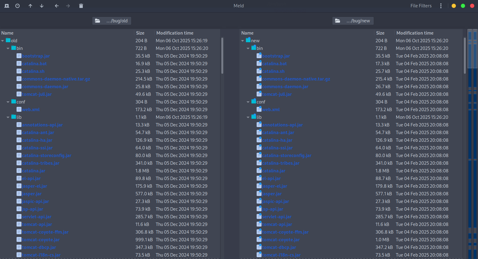 Meld diff showing newly added and modified files between Tomcat 9.0.98 and 9.0.99