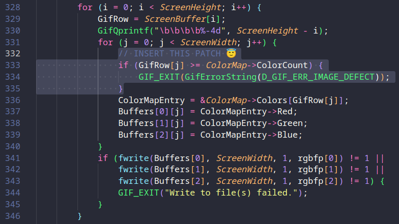 Applying the DumpScreen2RGB palette index bounds check in gif2rgb.c