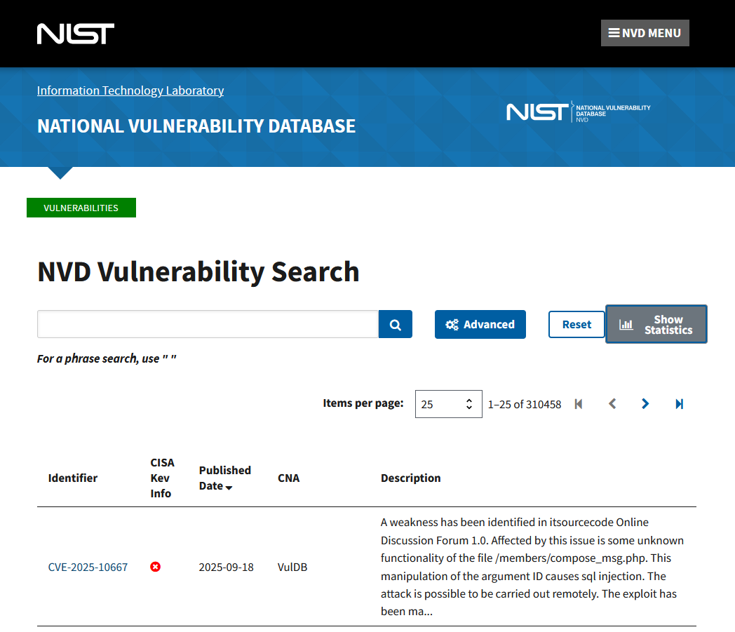 NVD search results used to pick a CVE for analysis